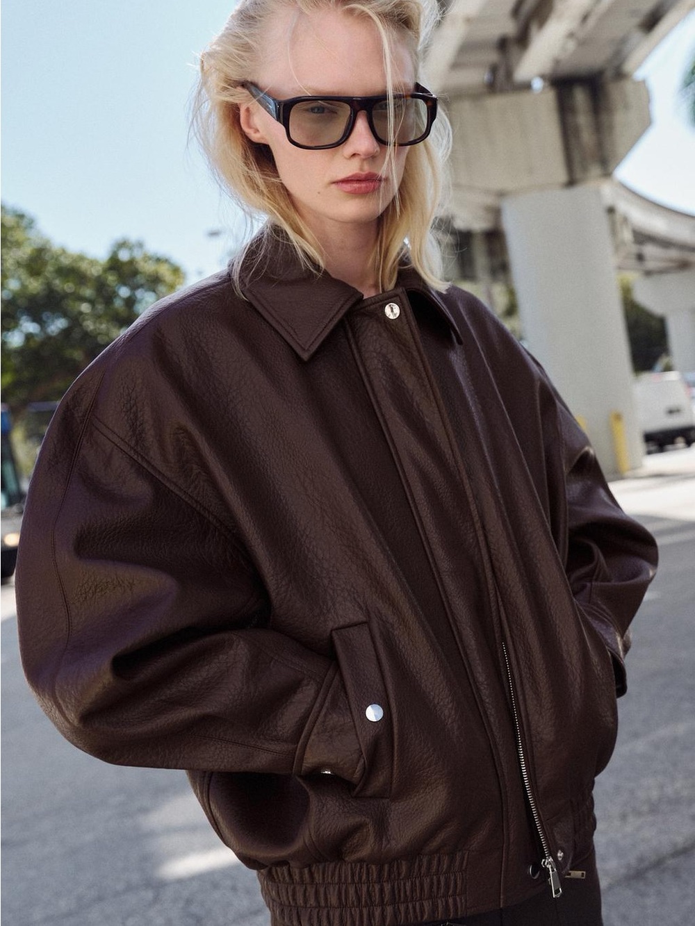 Zara Dark Brown Oversized Faux-Leather Bomber Jacket
